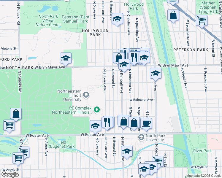 map of restaurants, bars, coffee shops, grocery stores, and more near 5438 North Bernard Street in Chicago