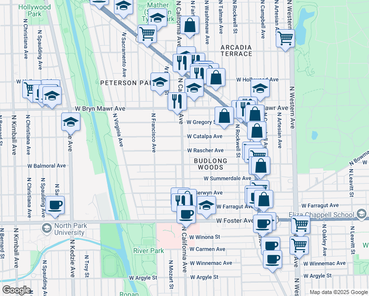 map of restaurants, bars, coffee shops, grocery stores, and more near 2756 West Rascher Avenue in Chicago