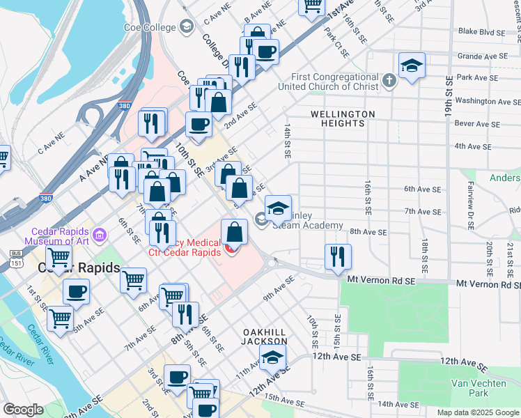 map of restaurants, bars, coffee shops, grocery stores, and more near 547 Cobban Court Southeast in Cedar Rapids