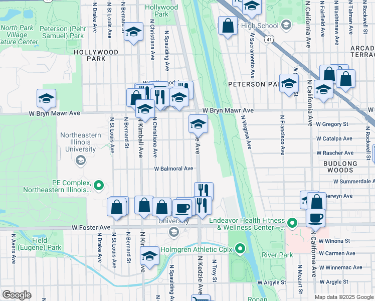 map of restaurants, bars, coffee shops, grocery stores, and more near 5437 North Sawyer Avenue in Chicago