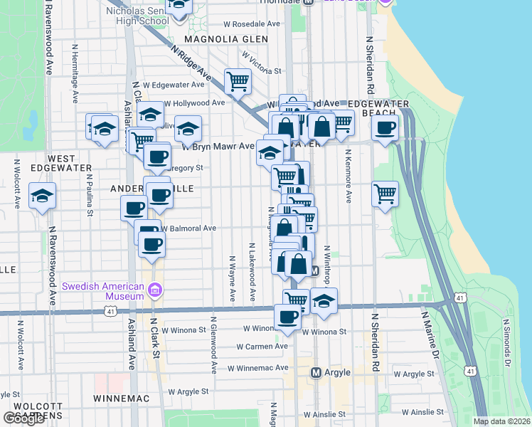 map of restaurants, bars, coffee shops, grocery stores, and more near 5414 North Magnolia Avenue in Chicago
