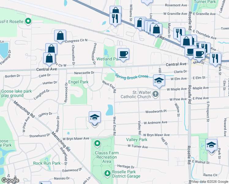 map of restaurants, bars, coffee shops, grocery stores, and more near 7N240 West End Road in Roselle