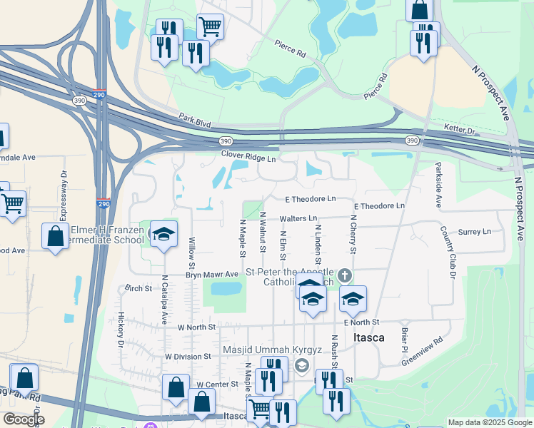 map of restaurants, bars, coffee shops, grocery stores, and more near 803 North Walnut Street in Itasca