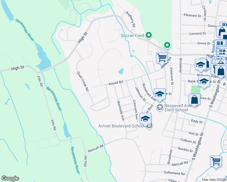 map of restaurants, bars, coffee shops, grocery stores, and more near 21 Westside Avenue in North Attleborough