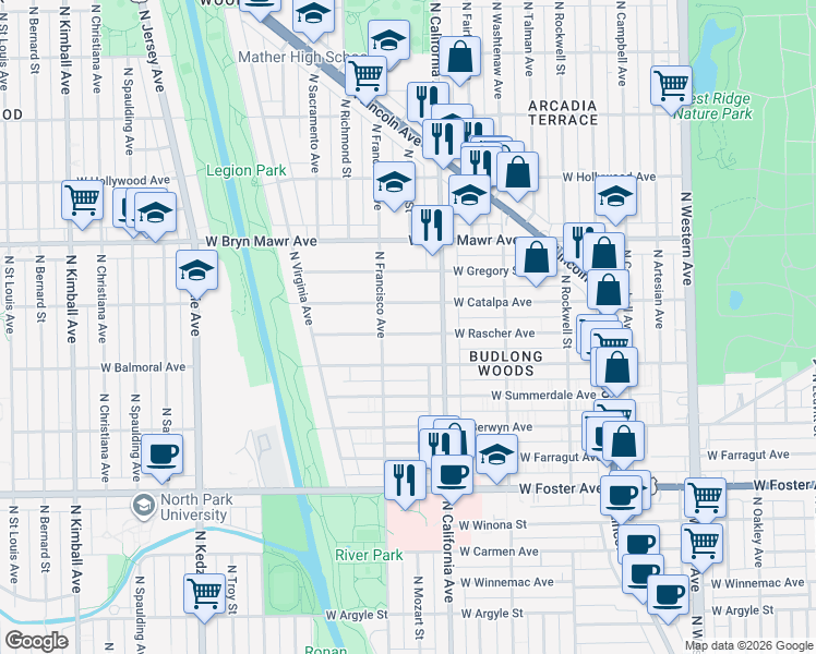 map of restaurants, bars, coffee shops, grocery stores, and more near 2834 West Rascher Avenue in Chicago