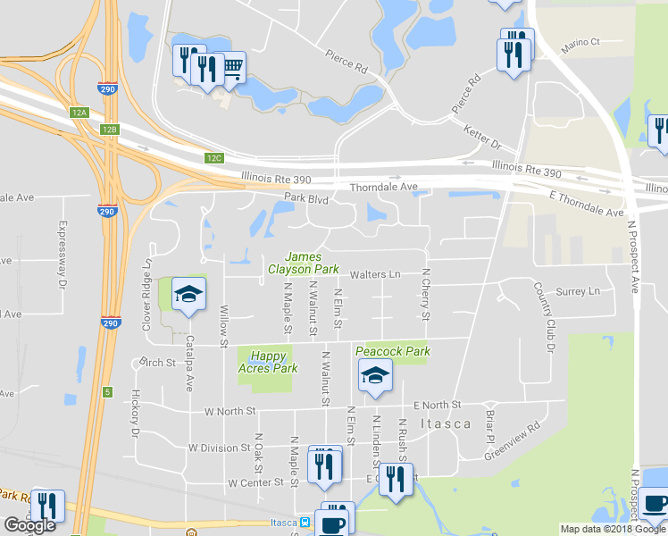 map of restaurants, bars, coffee shops, grocery stores, and more near 113 Walters Lane in Itasca