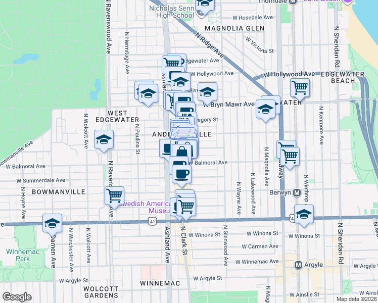 map of restaurants, bars, coffee shops, grocery stores, and more near 5425 North Clark Street in Chicago