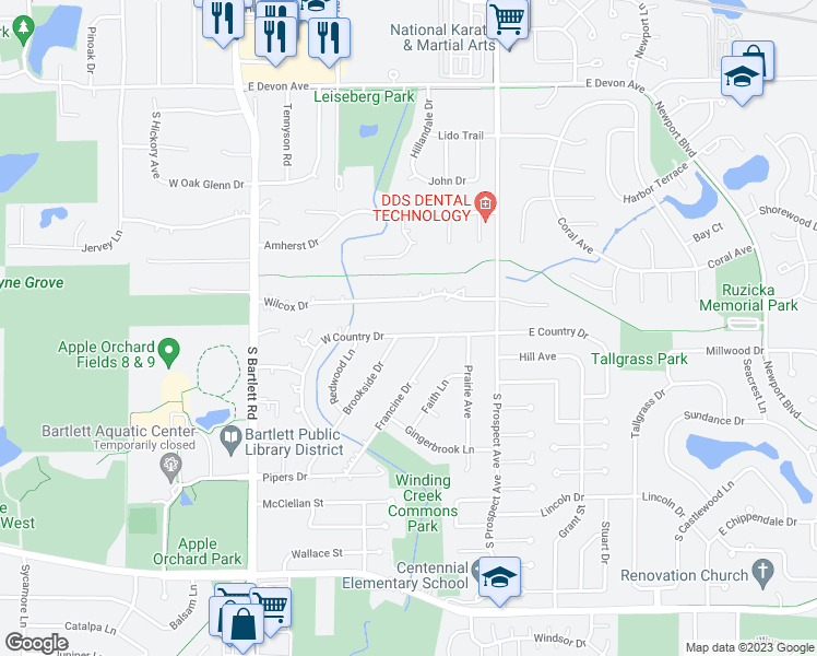 map of restaurants, bars, coffee shops, grocery stores, and more near 225 West Country Drive in Bartlett