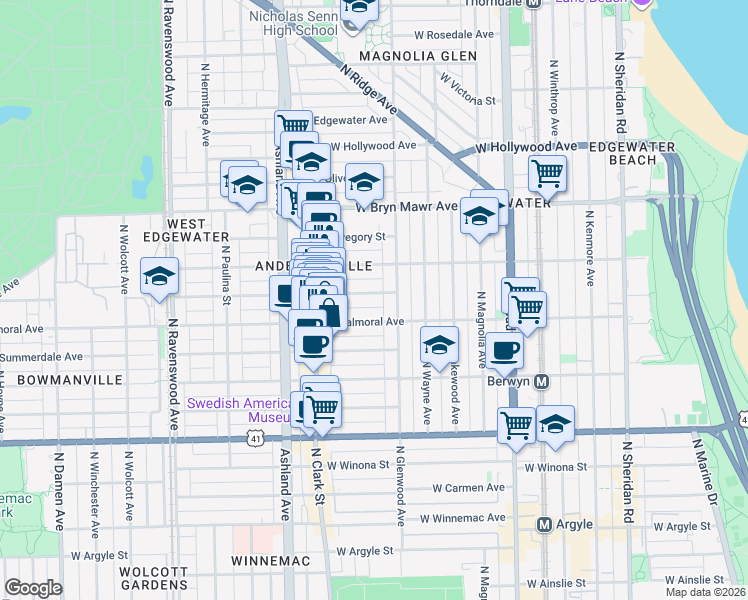 map of restaurants, bars, coffee shops, grocery stores, and more near 1425 West Rascher Avenue in Chicago