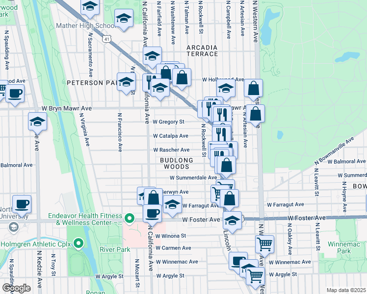 map of restaurants, bars, coffee shops, grocery stores, and more near 2646 West Rascher Avenue in Chicago