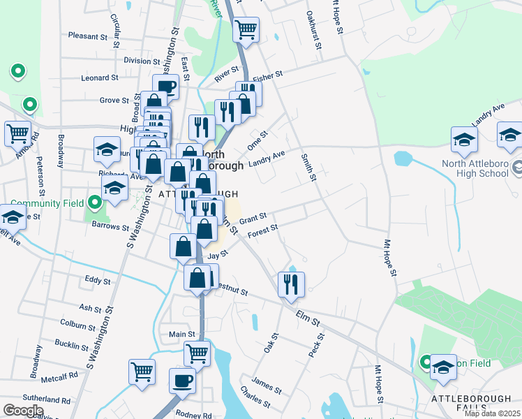 map of restaurants, bars, coffee shops, grocery stores, and more near 28 Grant Street in North Attleborough