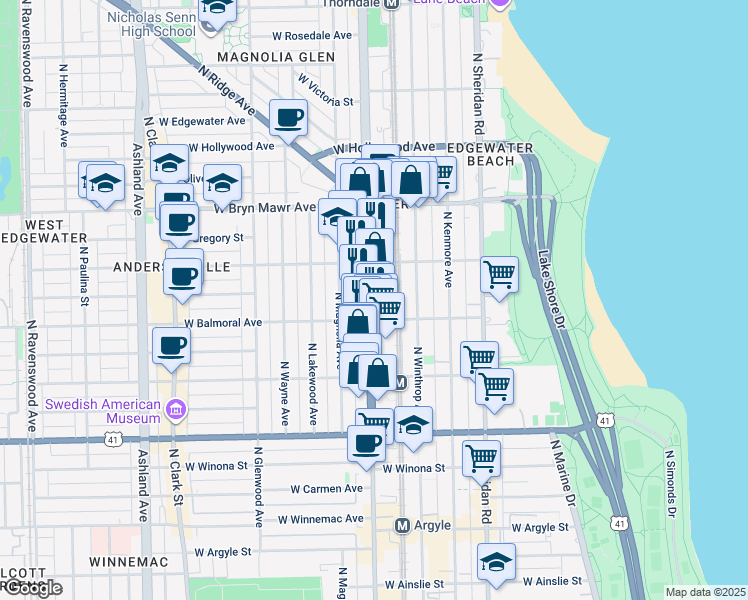 map of restaurants, bars, coffee shops, grocery stores, and more near 5411 North Broadway in Chicago
