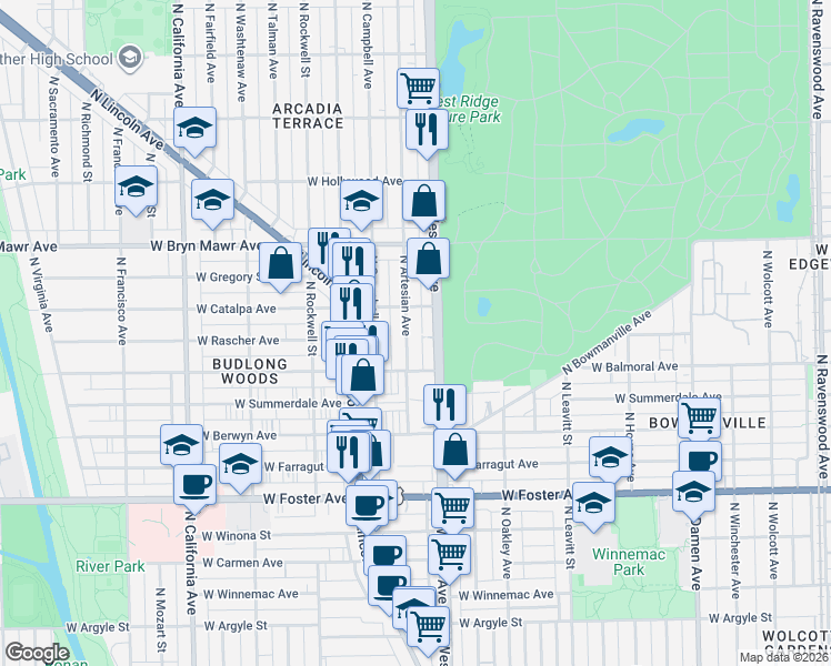 map of restaurants, bars, coffee shops, grocery stores, and more near 5430 North Western Avenue in Chicago