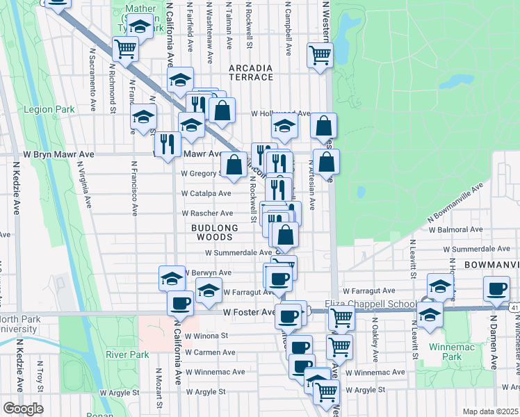 map of restaurants, bars, coffee shops, grocery stores, and more near 2600 West Rascher Avenue in Chicago