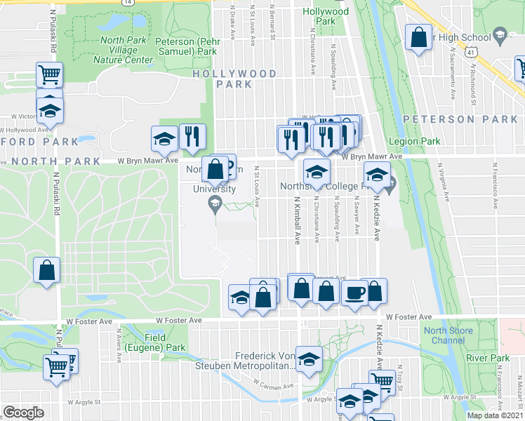 map of restaurants, bars, coffee shops, grocery stores, and more near 5438 North Bernard Street in Chicago
