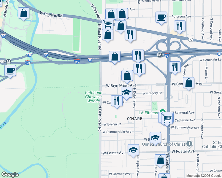 map of restaurants, bars, coffee shops, grocery stores, and more near 8711 West Bryn Mawr Avenue in Chicago