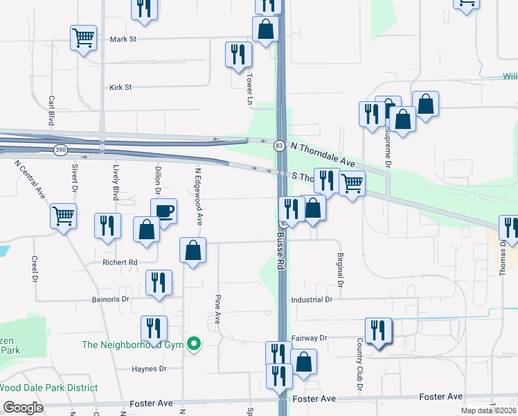 map of restaurants, bars, coffee shops, grocery stores, and more near 17W024 Ardmore Avenue in Bensenville