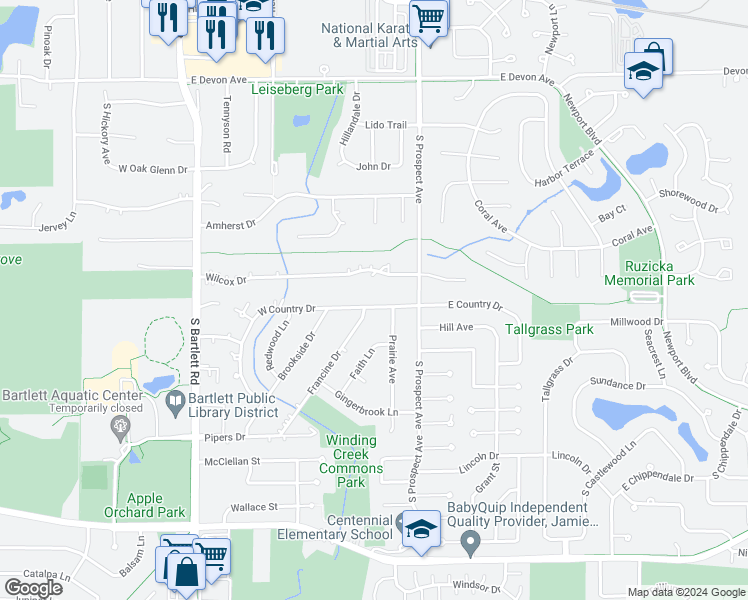 map of restaurants, bars, coffee shops, grocery stores, and more near 235 West Country Drive in Bartlett