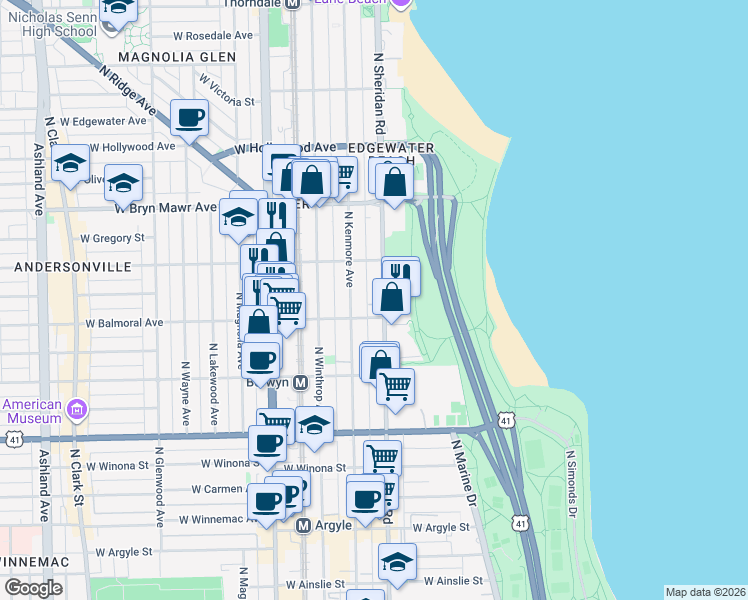 map of restaurants, bars, coffee shops, grocery stores, and more near 5400 North Sheridan Road in Chicago