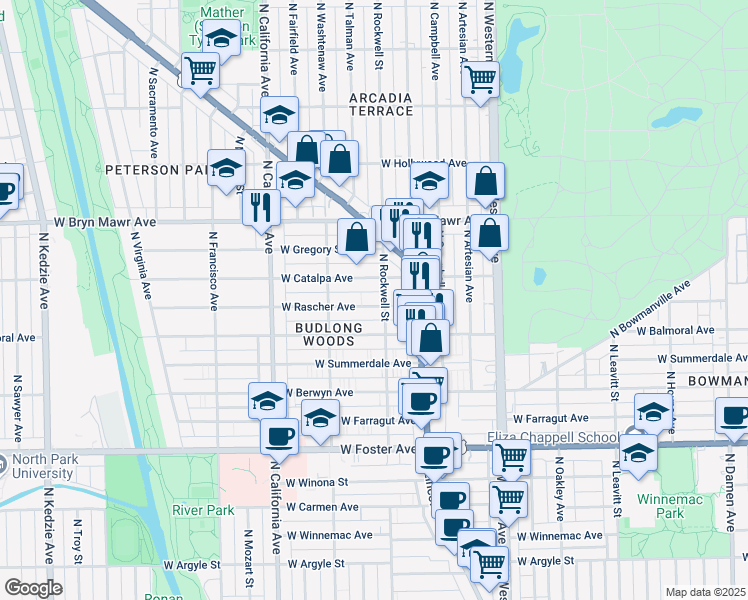 map of restaurants, bars, coffee shops, grocery stores, and more near 2600 West Rascher Avenue in Chicago