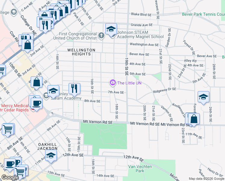 map of restaurants, bars, coffee shops, grocery stores, and more near 1740 7th Avenue Southeast in Cedar Rapids