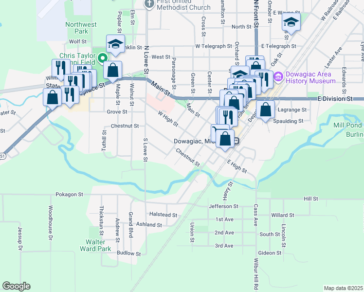 map of restaurants, bars, coffee shops, grocery stores, and more near 410 New York Avenue in Dowagiac