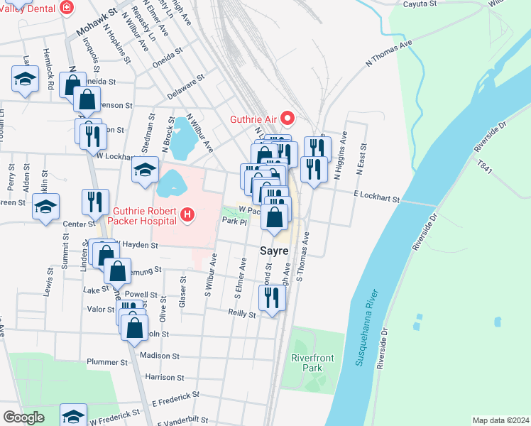 map of restaurants, bars, coffee shops, grocery stores, and more near West Packer Avenue in Sayre