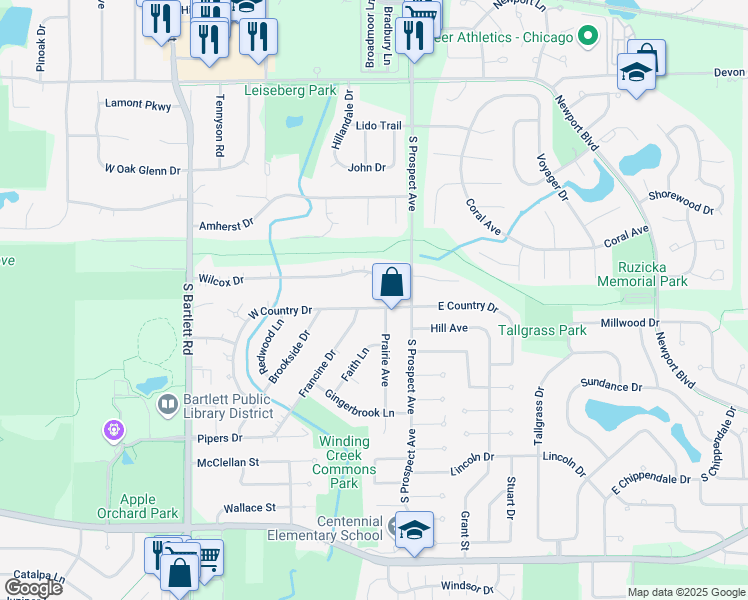 map of restaurants, bars, coffee shops, grocery stores, and more near 235 West Country Drive in Bartlett