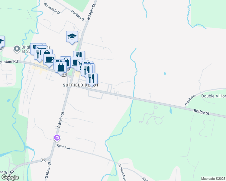 map of restaurants, bars, coffee shops, grocery stores, and more near 150 Bridge Street in Suffield