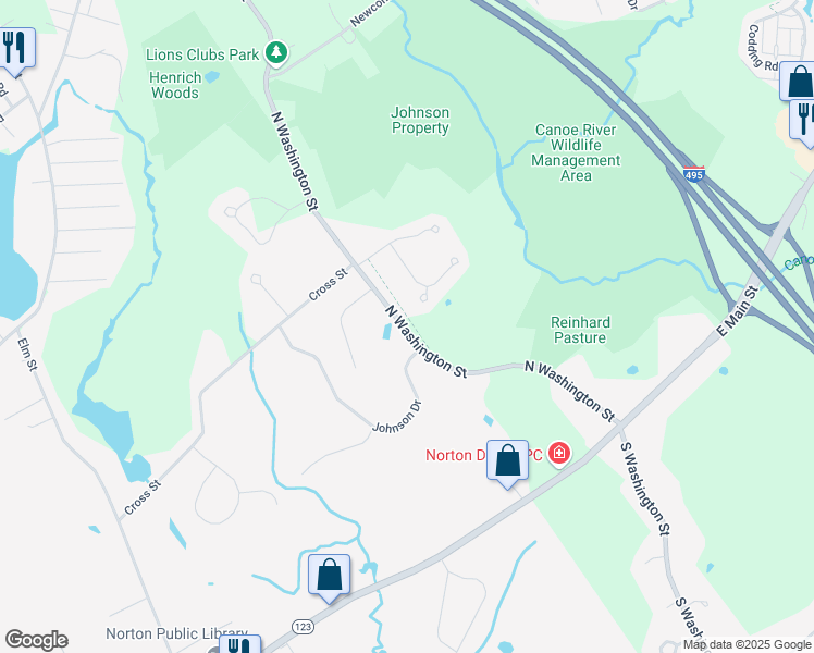 map of restaurants, bars, coffee shops, grocery stores, and more near 55 North Washington Street in Norton