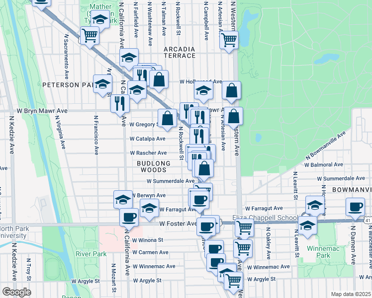 map of restaurants, bars, coffee shops, grocery stores, and more near 2600 West Rascher Avenue in Chicago