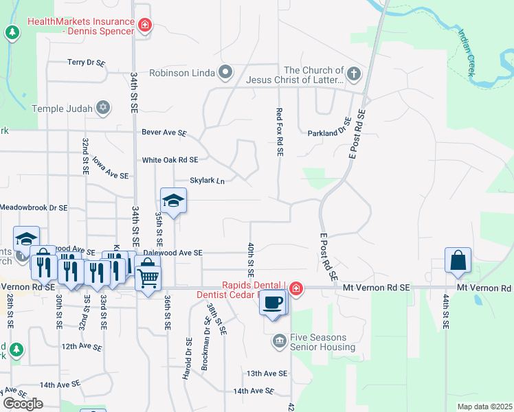 map of restaurants, bars, coffee shops, grocery stores, and more near 3865 Clark Road Southeast in Cedar Rapids