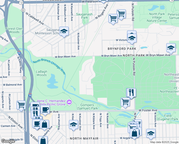 map of restaurants, bars, coffee shops, grocery stores, and more near 5448 North Kildare Avenue in Chicago