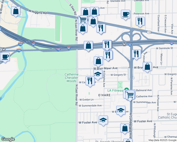 map of restaurants, bars, coffee shops, grocery stores, and more near 8711 West Bryn Mawr Avenue in Chicago