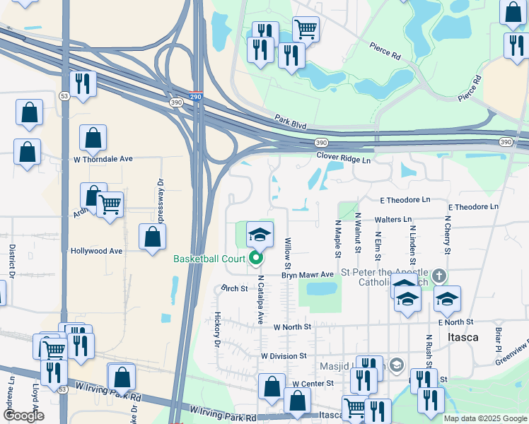 map of restaurants, bars, coffee shops, grocery stores, and more near 920 Willow Street in Itasca