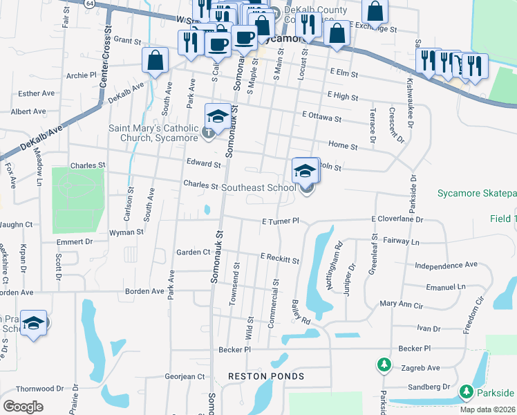 map of restaurants, bars, coffee shops, grocery stores, and more near 148 McLaren Drive North in Sycamore
