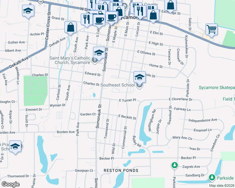 map of restaurants, bars, coffee shops, grocery stores, and more near 148 McLaren Drive North in Sycamore