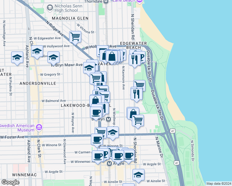 map of restaurants, bars, coffee shops, grocery stores, and more near 5410 North Kenmore Avenue in Chicago