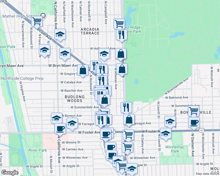 map of restaurants, bars, coffee shops, grocery stores, and more near 5433 North Campbell Avenue in Chicago