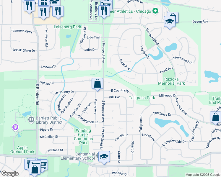 map of restaurants, bars, coffee shops, grocery stores, and more near 263 East Country Drive in Bartlett