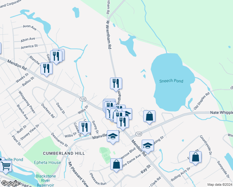 map of restaurants, bars, coffee shops, grocery stores, and more near 48 West Wrentham Road in Cumberland