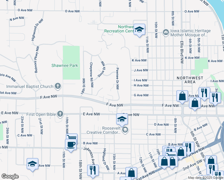 map of restaurants, bars, coffee shops, grocery stores, and more near 1525 Cherokee Drive Northwest in Cedar Rapids