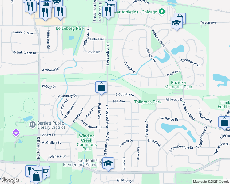 map of restaurants, bars, coffee shops, grocery stores, and more near 263 East Country Drive in Bartlett