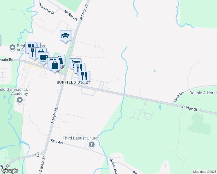 map of restaurants, bars, coffee shops, grocery stores, and more near 150 Bridge Street in Suffield