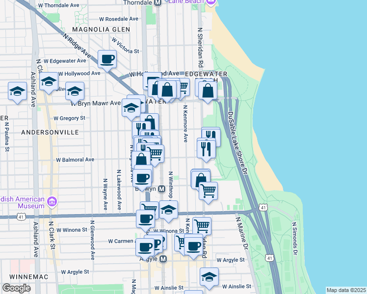 map of restaurants, bars, coffee shops, grocery stores, and more near 5410 North Kenmore Avenue in Chicago