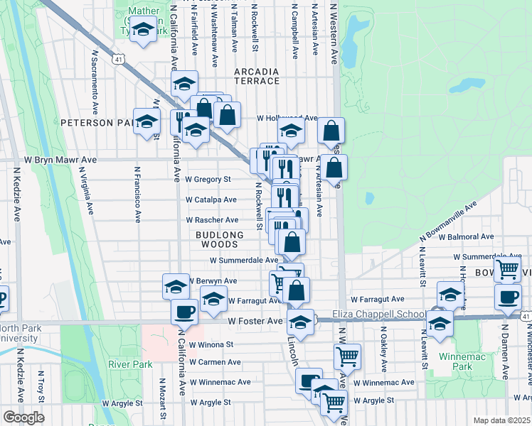map of restaurants, bars, coffee shops, grocery stores, and more near 2600 West Rascher Avenue in Chicago