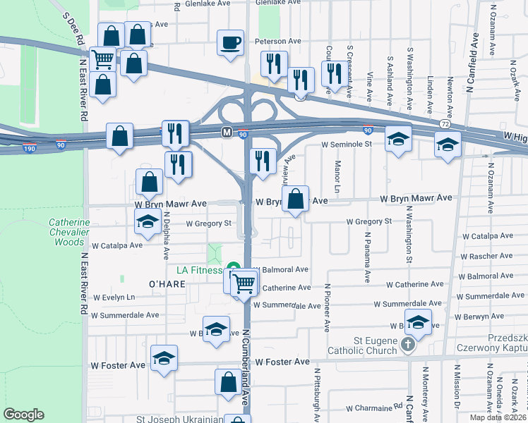 map of restaurants, bars, coffee shops, grocery stores, and more near 5555 Illinois 171 in Chicago