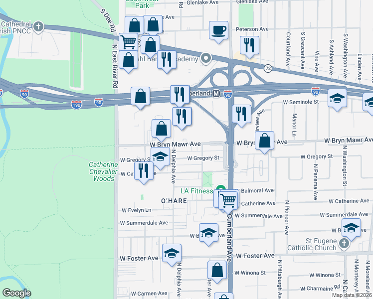 map of restaurants, bars, coffee shops, grocery stores, and more near 8524 West Gregory Street in Chicago