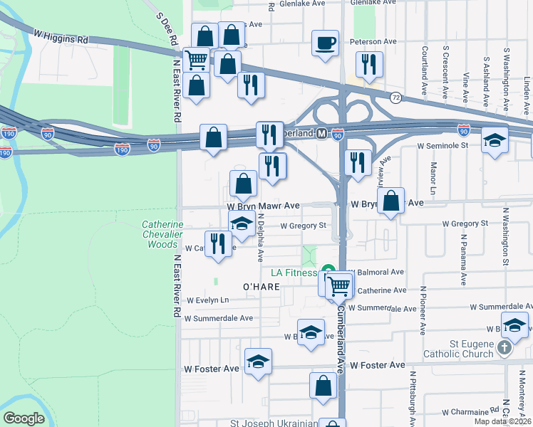 map of restaurants, bars, coffee shops, grocery stores, and more near 8558 West Gregory Street in Chicago