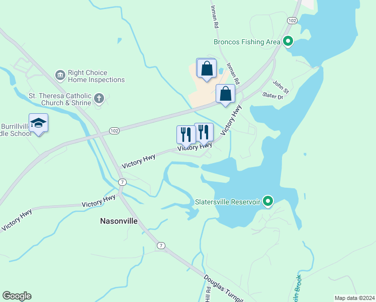 map of restaurants, bars, coffee shops, grocery stores, and more near 2692 Victory Highway in Burrillville